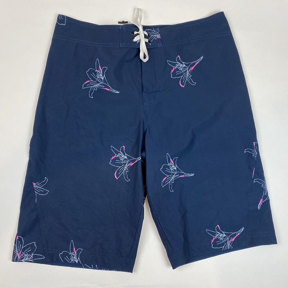 H&M Navy Blue Lily Flower Print Swim Trunks‎ Mens Size M